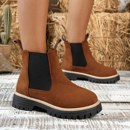 Women’s Winter 2025 Black Suede Ankle Boots – Platform Chelsea Casual Motorcycle Short Boots