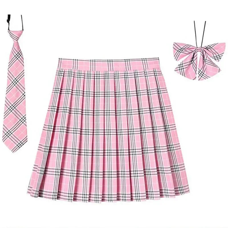 Women’s Plaid Pleated Skirt with Bowtie – XS-5XL Harajuku Preppy Mini Japanese School Uniform, Summer Kawaii Jupe