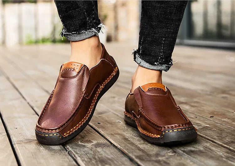 Handmade Leather Men’s Loafers – Casual Slip-On Flats, Comfortable Outdoor Walking Shoes