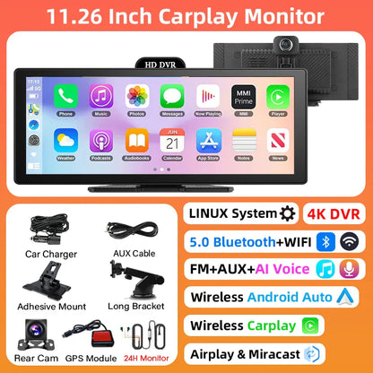 11.26-Inch 4K Dash Cam – Wireless CarPlay & Android Auto, Dual Lens DVR, Bluetooth Audio, GPS Navigation Video Recorder