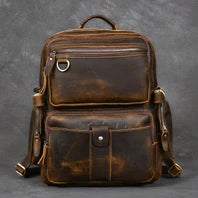Vintage Crazy Horse Leather Backpack for Men — 17" Laptop Travel Rucksack Cowhide Hiking Bag M815