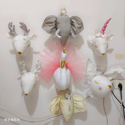 Handmade 3D Felt Animal Heads — Elephant & Swan Wall Hanging Decor for Nursery & Kids’ Bedroom