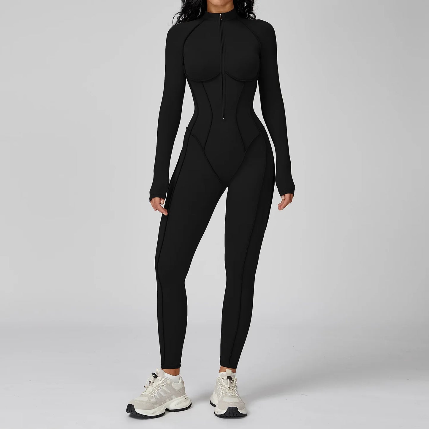 Women’s Long Sleeve Yoga Bodysuit Jumpsuit – Zip-Up Gym Tracksuit One-Piece Fitness Outfit for High-Intensity Workout & Training