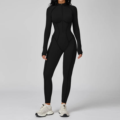 Women’s Long Sleeve Yoga Bodysuit Jumpsuit – Zip-Up Gym Tracksuit One-Piece Fitness Outfit for High-Intensity Workout & Training