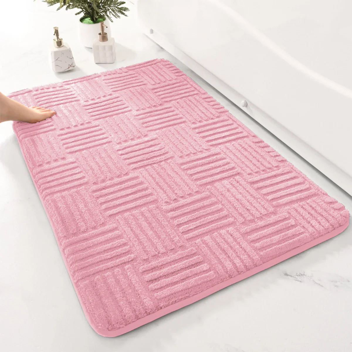 Thickened Absorbent Striped Floor Mat - Solid Color Non-Slip Cotton Velvet Bathroom & Bedroom Carpet