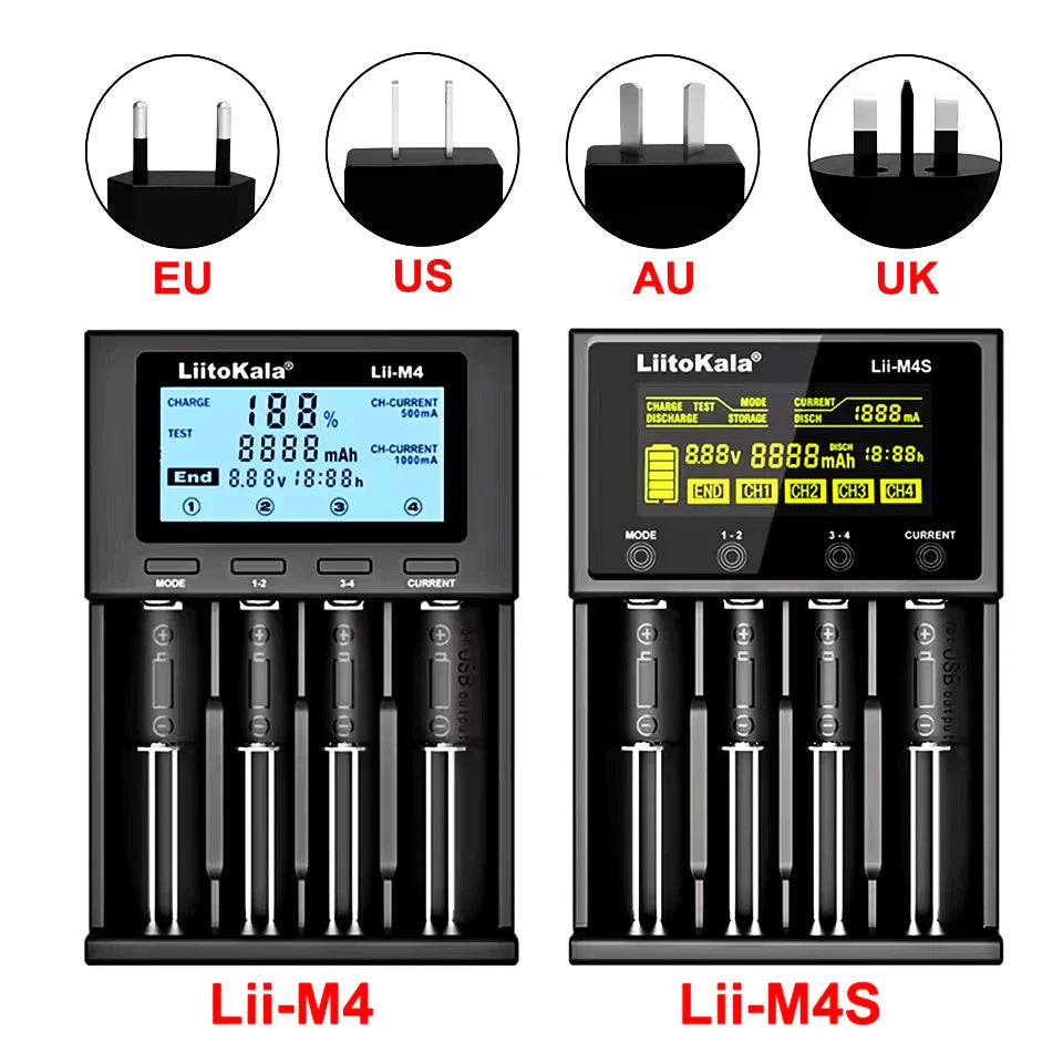 LiitoKala Lii-M4/Lii-M4S Battery Charger – 5V Plug (EU/AU/UK/US) for 3.7V Li-Ion & 1.2V AA/AAA/C Batteries (18650, 26650, 21700, 14500, 18350, 17500)