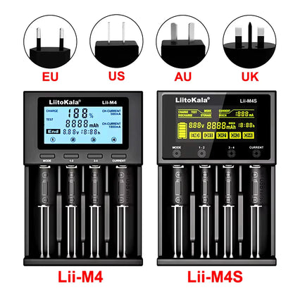 LiitoKala Lii-M4/Lii-M4S Battery Charger – 5V Plug (EU/AU/UK/US) for 3.7V Li-Ion & 1.2V AA/AAA/C Batteries (18650, 26650, 21700, 14500, 18350, 17500)