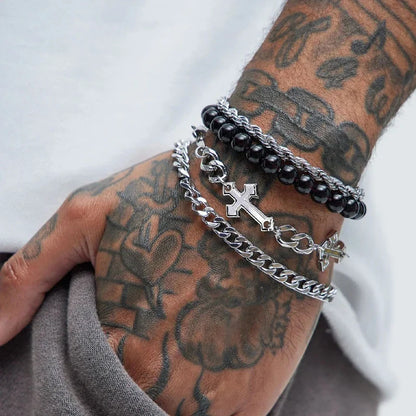 4-Piece Stainless Steel Bracelet Set - Punk Cross Bead Chain Bracelets for Men & Women