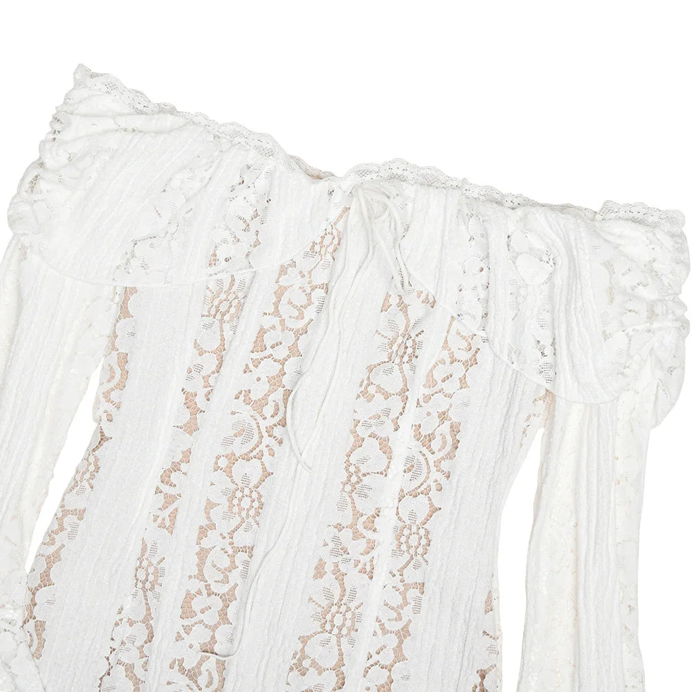 Suninheart White Off-Shoulder Bodycon Dress – 2025 Elegant Lace Long Sleeve Maxi Dress for Women, Wedding Guest Outfit