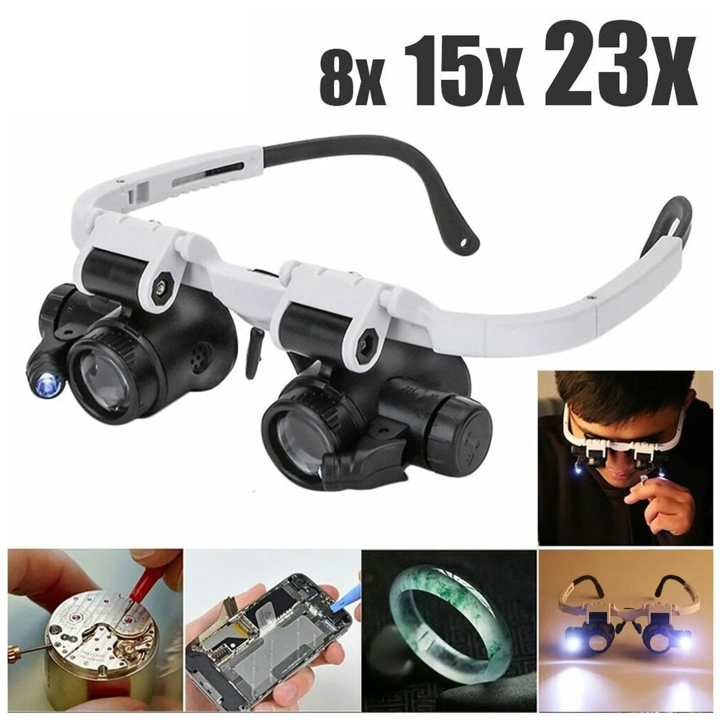 2X LED Head-Mounted Jeweler Magnifier — Adjustable Loupe Glasses with 8X, 15X, 23X Lenses for Watch & Repair Work
