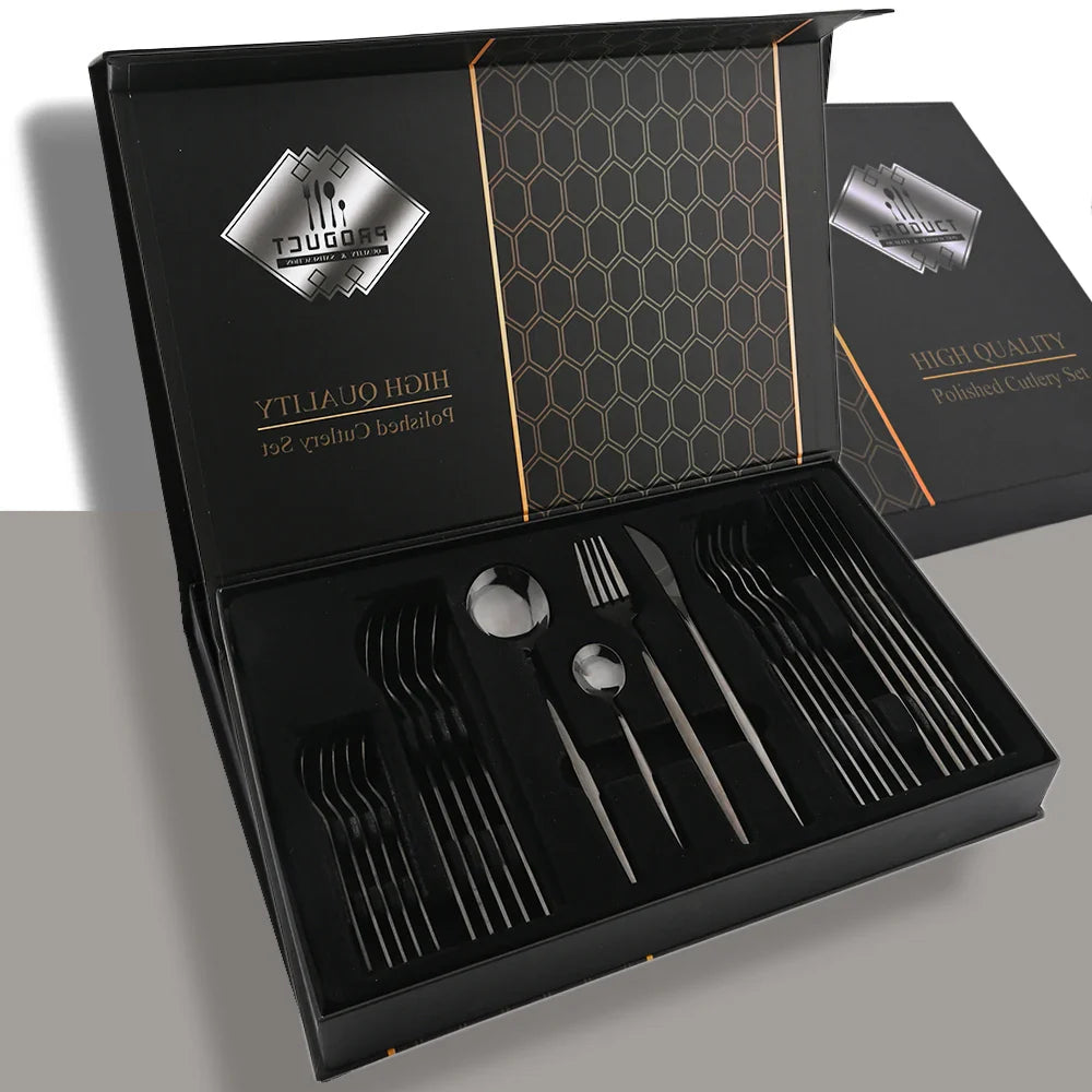 Drmfiy 24P Stainless Steel Cutlery Set - Knife Fork Spoon Flatware - Black Tableware Gift Box - Dishwasher Safe Dinnerware Kitchenware