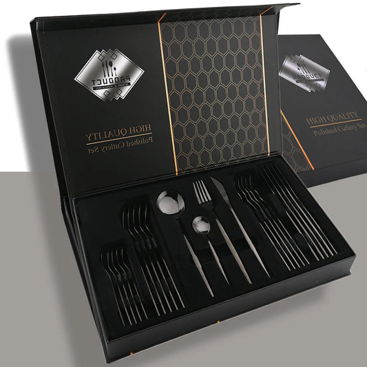 Drmfiy 24P Stainless Steel Cutlery Set - Knife Fork Spoon Flatware - Black Tableware Gift Box - Dishwasher Safe Dinnerware Kitchenware