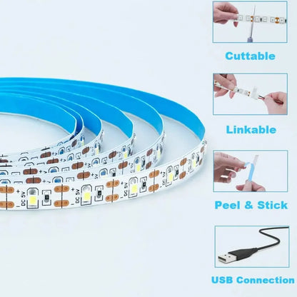 DC 5V USB LED Strip Light 2835 White & Warm White Flexible Tape Light for TV Backlight Home Decor and Ambient Lighting 1–5m