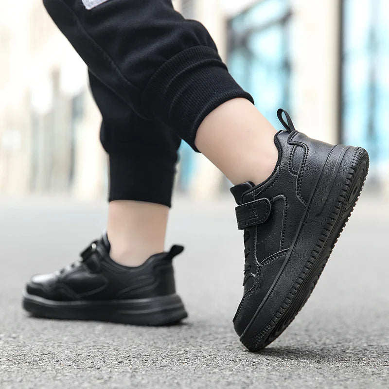 Children’s Black Leather Sneakers – Non-Slip Casual Flat Walking Shoes for Boys & Girls, Lightweight Student Sports Footwear