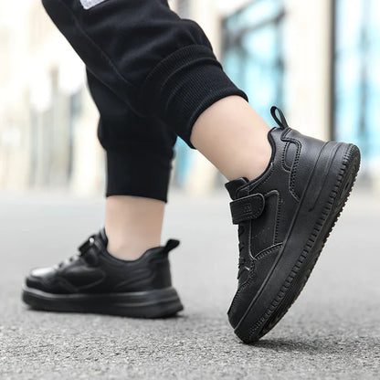 Children’s Black Leather Sneakers – Non-Slip Casual Flat Walking Shoes for Boys & Girls, Lightweight Student Sports Footwear