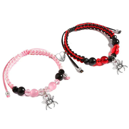 Spider Kitty Heart Charm Bracelets - Magnetic Crystal Beaded Couple Matching Jewelry