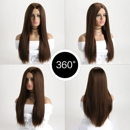 26-Inch Long Straight Wig with Mid Bangs – Black Ombre Heat-Resistant Wig for Women, Daily Wear, Cosplay & Halloween