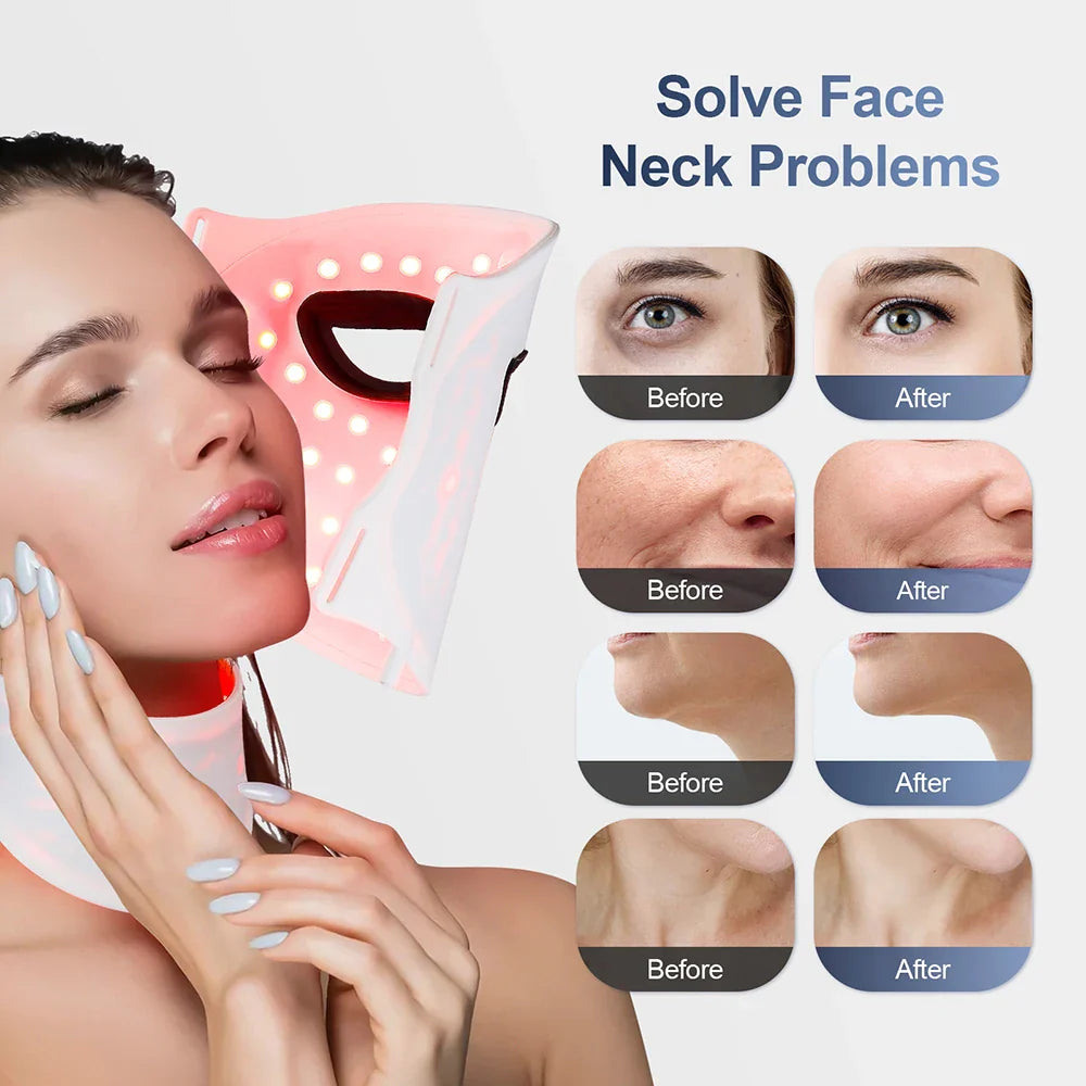 Silicone LED Mask with Neck – 7-Color Photon Red Light & Infrared Therapy, Flexible Wireless Facial Skin Repair Mask