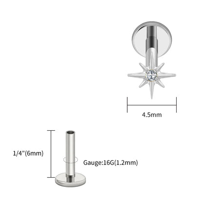 Right Grand ASTM F136 Titanium CZ North Star 16G Flat Back Earring – Tiny Starburst Helix, Cartilage & Earlobe Stud Piercing Jewelry
