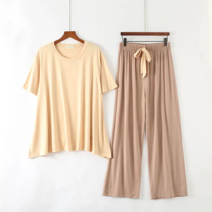 Women's Summer Modal Pajamas Set – Lightweight Short Sleeve Top and Loose Trousers Two-Piece Homewear