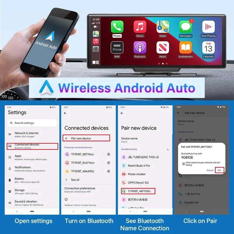 10.26" 4K Dash Cam Car Mirror — Wireless CarPlay Android Auto GPS Multimedia Rearview Camera Dashboard Monitor
