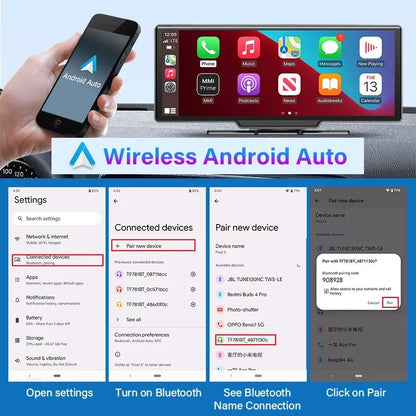 10.26" 4K Dash Cam Car Mirror — Wireless CarPlay Android Auto GPS Multimedia Rearview Camera Dashboard Monitor