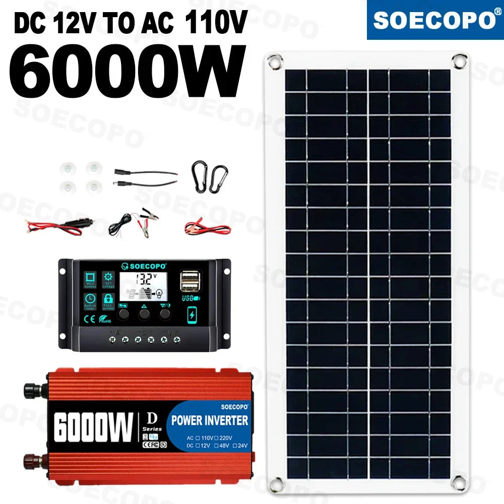 6000W Solar Power System Complete Kit – 12V to 110V/220V Off-Grid Setup with 100A Controller, 300W Panel & Inverter for Home & Camping Backup
