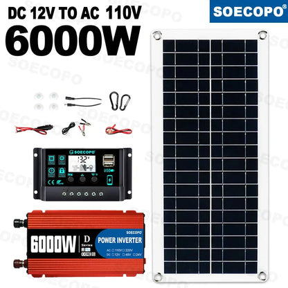 6000W Solar Power System Complete Kit – 12V to 110V/220V Off-Grid Setup with 100A Controller, 300W Panel & Inverter for Home & Camping Backup