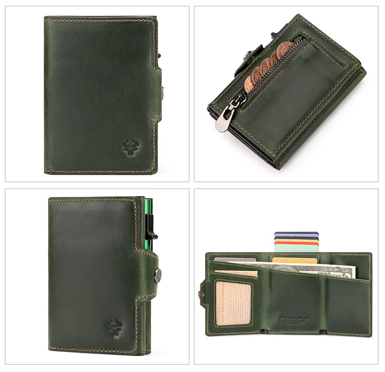 HUMERPAUL Men’s Pop-Up Card Holder – Crazy Horse Leather RFID Blocking Slim Wallet with Money Pocket & Metal Bank Card Case
