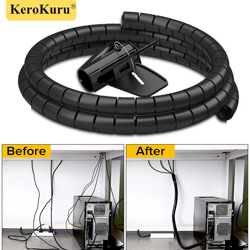 2M Flexible Spiral Cable Wire Protector | 16/10mm Diameter | Computer Cord Protective Tube | Clip Organizer Management Tools