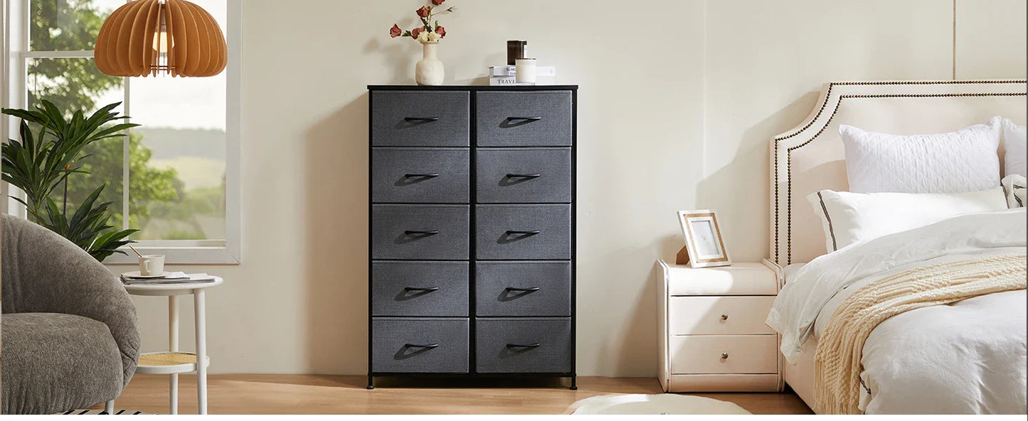 Bedside Table with 10 Fabric Drawers – Steel Frame Nightstand Storage Cabinet for Bedroom Clothes Organizer