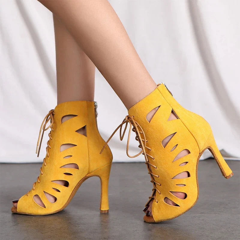 HROYL Women’s Latin Dance Shoes – Lace-Up Hollow Fish Mouth Jazz & Tango High Heels 6-10CM