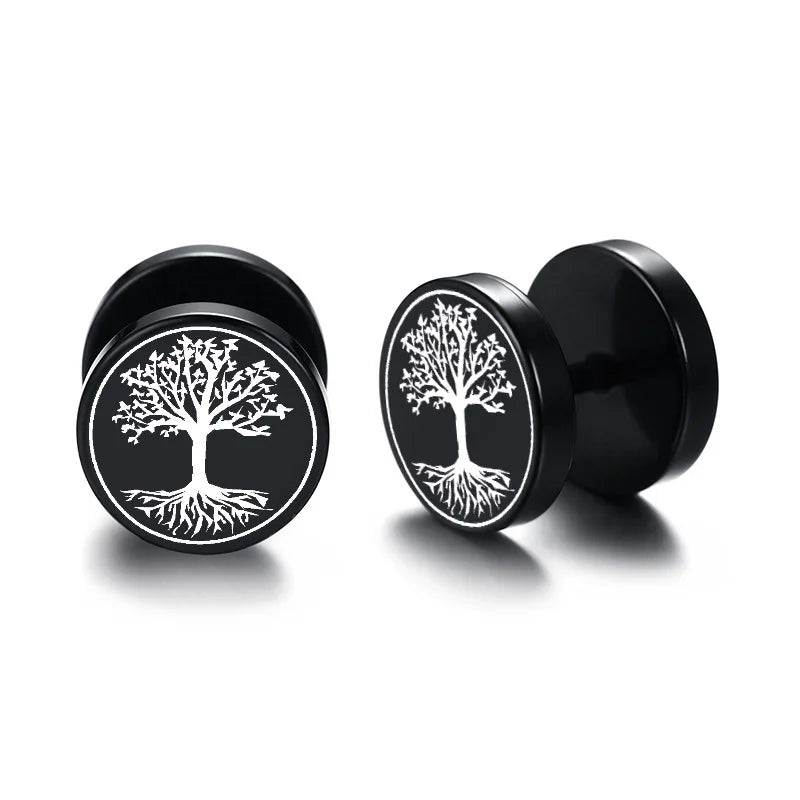 Vnox Men's Viking Black Stud Earrings - Vegvisir & Norse Valknut, Cool Punk Stainless Steel Set