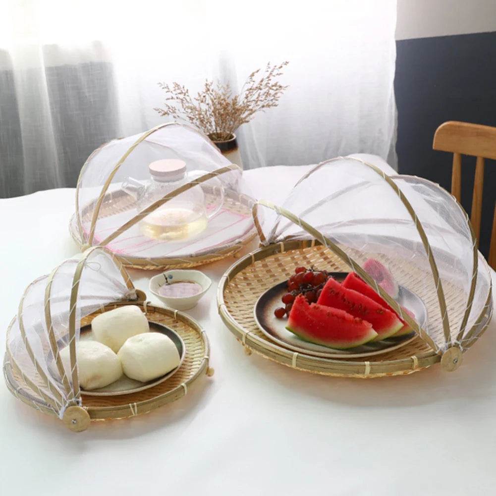 Bamboo Woven Basket with Anti-Mosquito Net – Portable Outdoor Fruit & Vegetable Tray with Mesh Cover