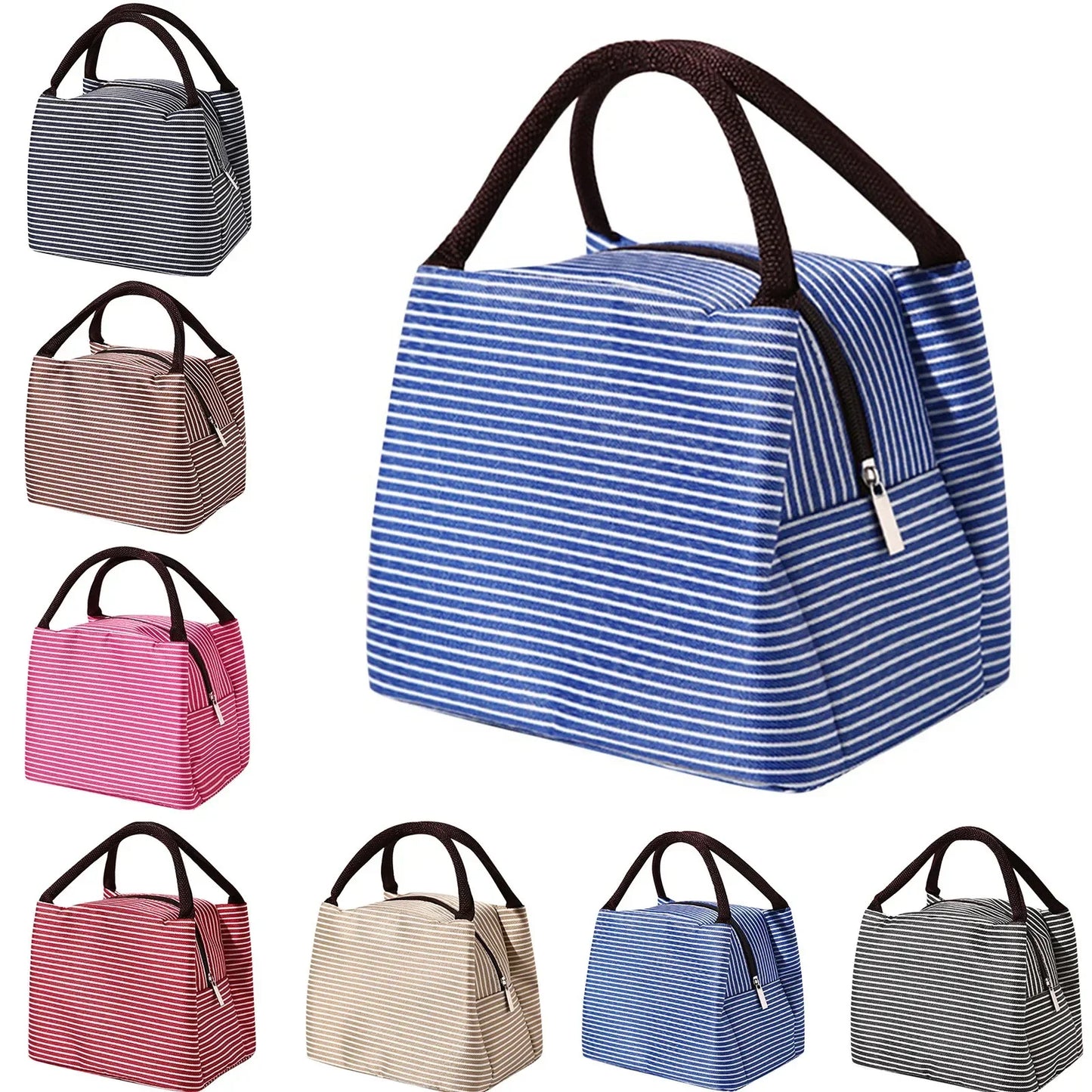Multi-Color Portable Square Lunch Bag – Washable Striped Reusable Leak-Proof Insulated Bento Tote
