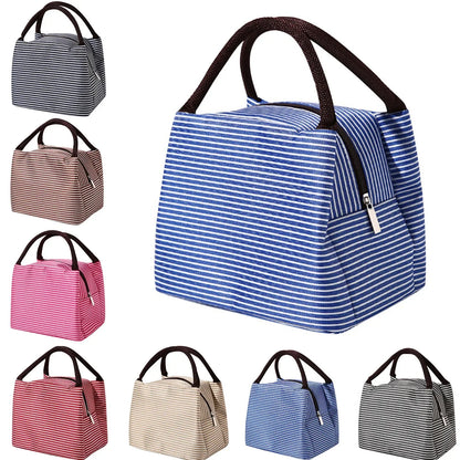 Multi-Color Portable Square Lunch Bag – Washable Striped Reusable Leak-Proof Insulated Bento Tote