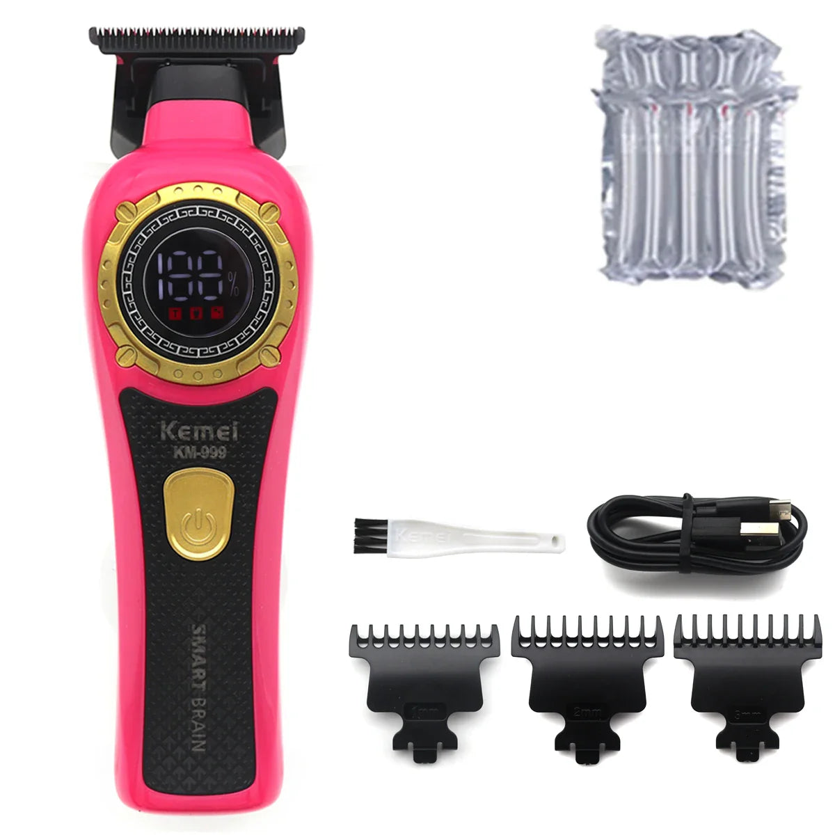 Kemei KM-999 Hair Trimmer for Men – DLC T-Blade, Zero Gapped, LED Display, Cordless USB Professional Hair Clipper
