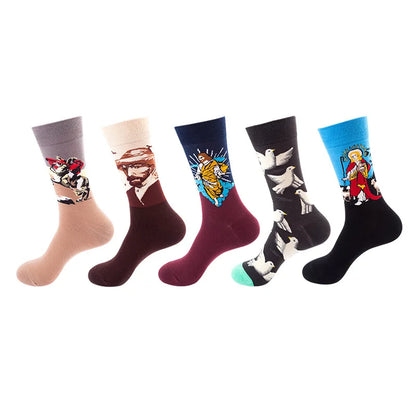 5-Pair Men’s Cotton Sports Socks Pack - Hip Hop Harajuku Pastel Print Long Tube Running Casual Socks