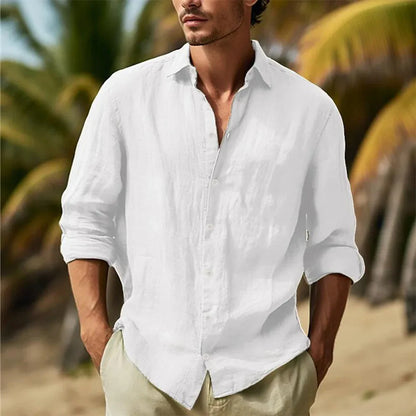 Men’s Cotton Linen Hawaiian Shirt – Solid White Turn-Down Collar Lightweight Breathable Casual Streetwear Large Size