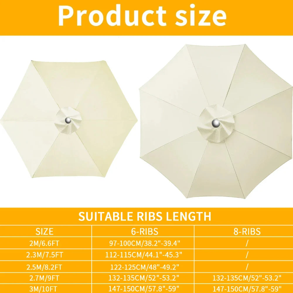 Universal Replacement Patio Umbrella Canopy – Waterproof Sunshade Cover for Garden Parasol (2m/2.5m/2.7m/3m, 6 & 8 Ribs)