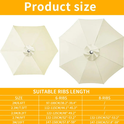 Universal Replacement Patio Umbrella Canopy – Waterproof Sunshade Cover for Garden Parasol (2m/2.5m/2.7m/3m, 6 & 8 Ribs)