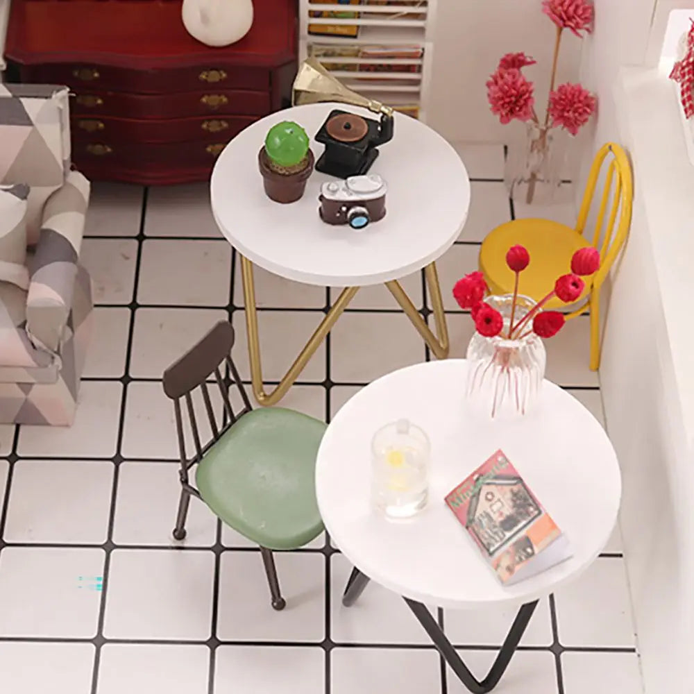 1:12 Scale Dollhouse Furniture - Miniature Teatable, Wood Stool, Flower Rack - Dolls Accessories & Photography Props