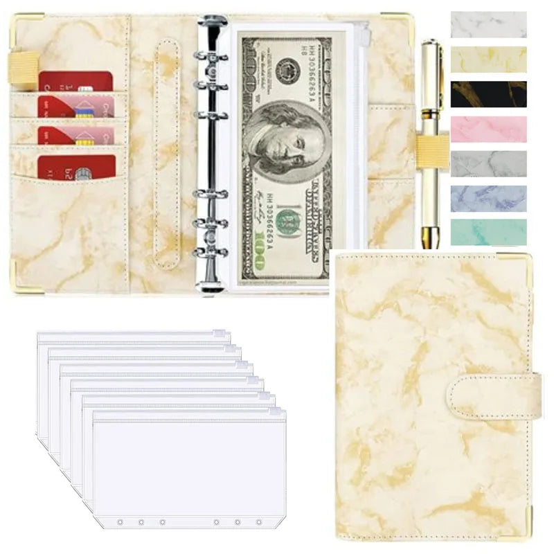 A6 Money Saving Organizer – PU Leather Budget Binder with Marble Notebook, 2023 Budget Planner, Envelope Office & School Supplies