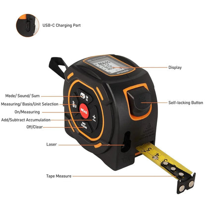 3-in-1 Laser Distance Measure 40/60M — Infrared Smart Ruler High-Precision Measuring Tool