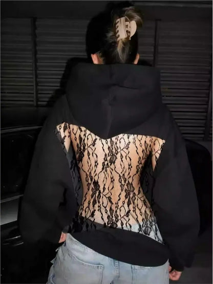 Women's Lace Splice Hoodie - Sexy See-Through Backless Fleece Pullover for Autumn & Winter Streetwear Fashion