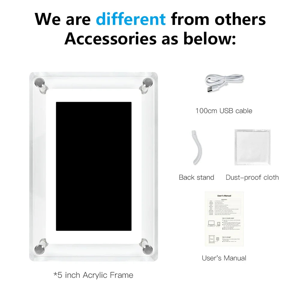 5-Inch Acrylic Digital Photo Frame — Vertical IPS Display, 4GB Memory & 1200mAh Battery | Portable Digital Picture Frame