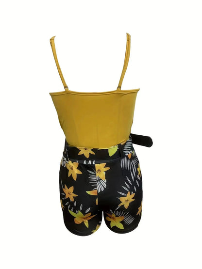 Women’s V-Neck Camisole & Plant Print Shorts Set – European & American Style, Belted Summer Outfit