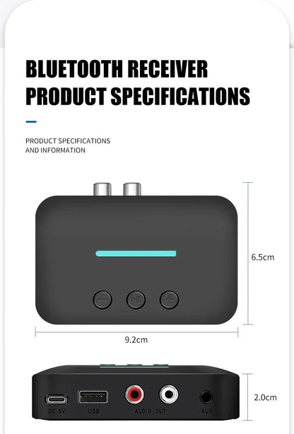 USB Bluetooth 5.3 Audio Receiver Adapter with 3.5mm AUX RCA | Wireless Music Streaming & U-Disk Playback for Desktop Speakers and Amps