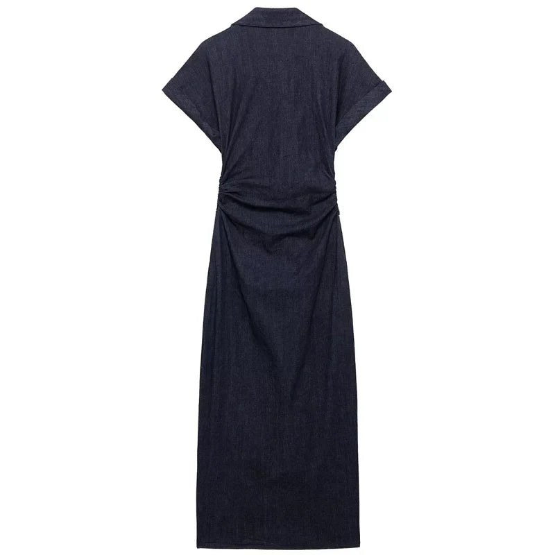TRAF Women’s Denim Bodycon Dress – Summer 2025 Blue Button Ruffled Batwing Sleeve Long Casual Beach Vestido