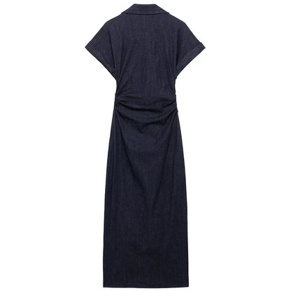 TRAF Women’s Denim Bodycon Dress – Summer 2025 Blue Button Ruffled Batwing Sleeve Long Casual Beach Vestido